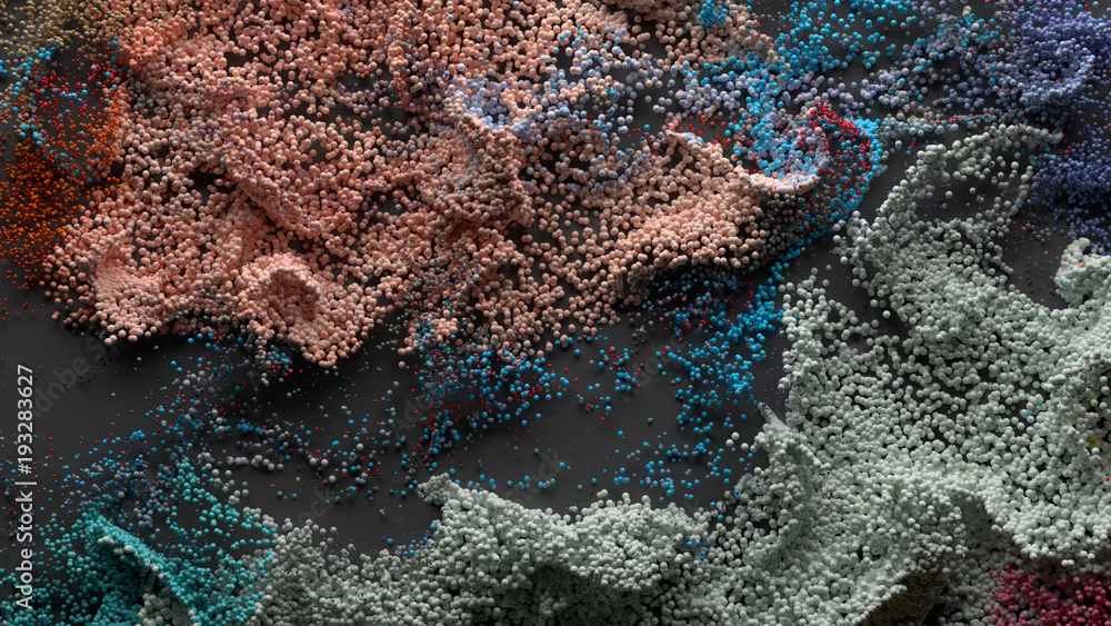 Poster 3d render abstract particle background. a lot of random particles forced with turbulence. curl and t