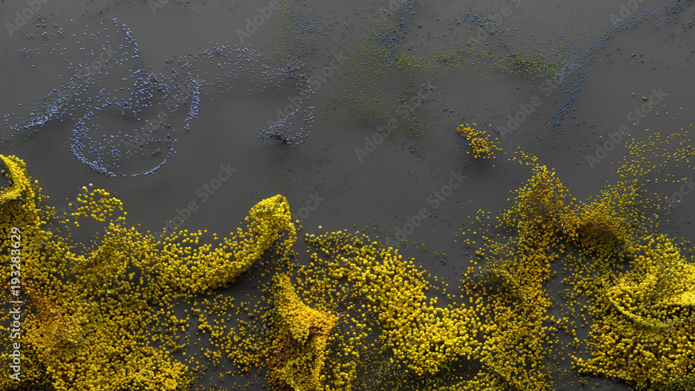 Poster 3d render abstract particle background. a lot of random particles forced with turbulence. curl and t