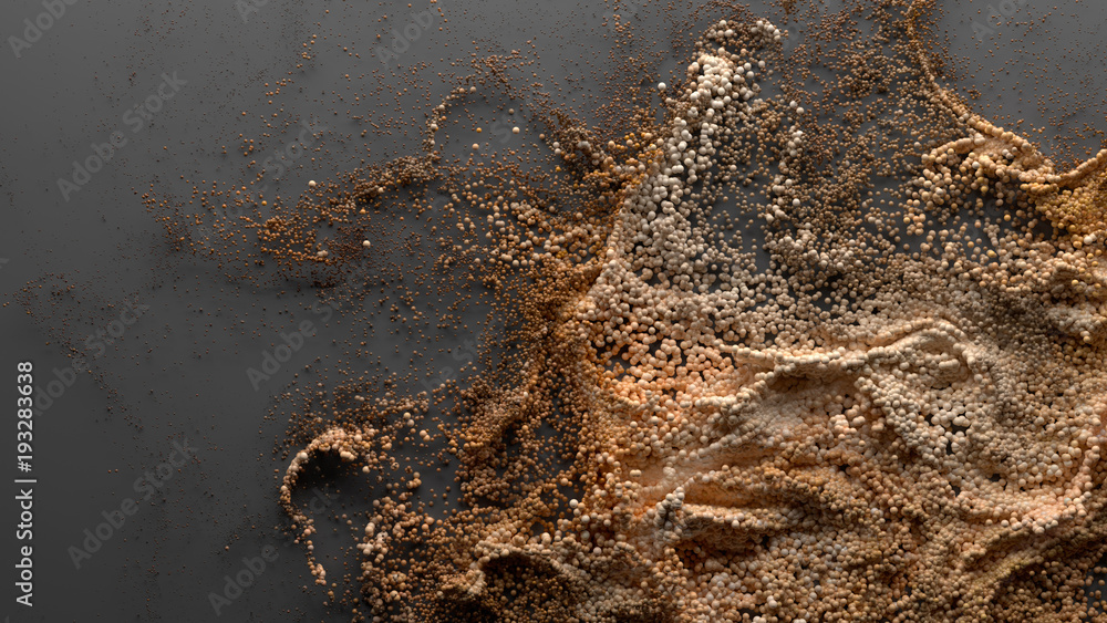 Poster 3d render abstract particle background. a lot of random particles forced with turbulence. curl and t