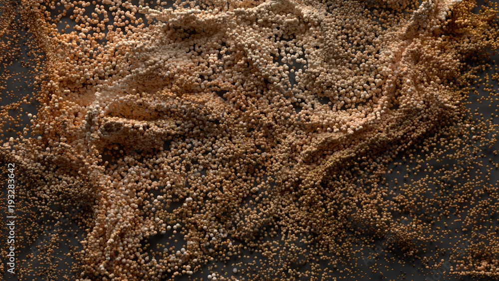 Poster 3d render abstract particle background. a lot of random particles forced with turbulence. curl and t
