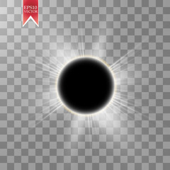 Total solar eclipse vector illustration on transparent background. Full moon shadow sun eclipse with corona vector illustration