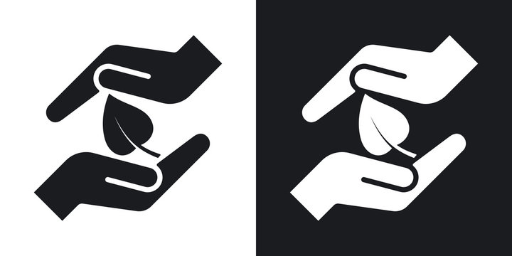 Vector hands protect the leaf icon. Two-tone version on black and white background