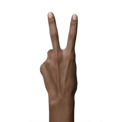 African american black hand gesture peace two sign isolated on white background