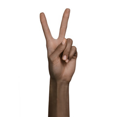 African american black hand gesture peace two sign isolated on white background