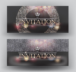 Elegant invitation VIP card with sparkling design elements and crown. Vector illustration