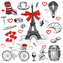 Set of hand drawn French icons, Paris sketch illustration