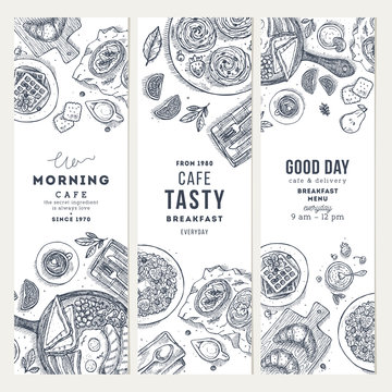 Breakfast vertical banner collection. Various food background. Engraved style illustration. Hero image. Vector illustration