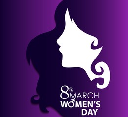 Happy women's day greeting card. 8 March. International women day greeting card. Women face on purple background