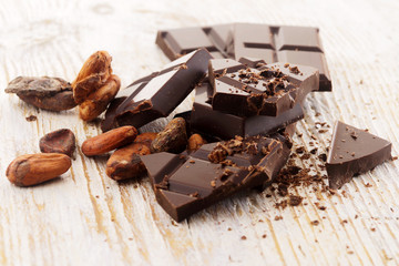 Broken dark chocolate, cocoa powder and coffee beans on a wooden table