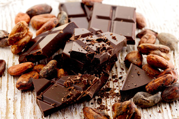 Broken dark chocolate, cocoa powder and coffee beans on a wooden table