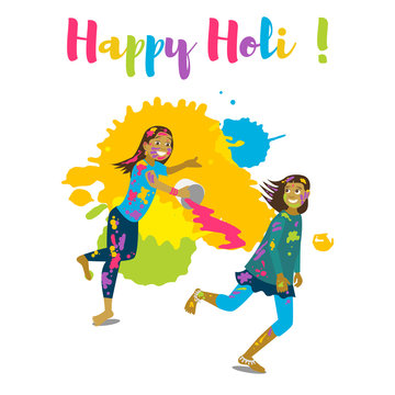 Children playing holi .Happy holi festival greeting card and vector design.