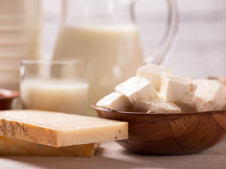Dairy products on wooden table