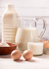 Dairy products on wooden table