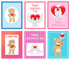 Cute Soft Toy Bears and White Doves in Love Set