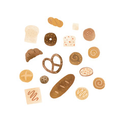 Hand drawn vector illustration of watercolor bread and bakery product set on white background.Baking in watercolor style.
