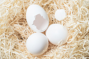 Eggs wood wool natural background