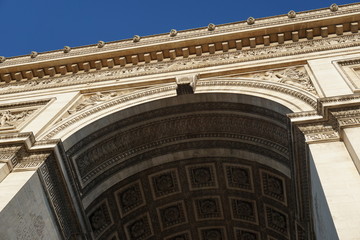 Close up detail of Arc de Triomphe, The famous and classic monuments in Paris, Located at Champs-Elysees, honors those who fought and died in French revolutionary and Napoleonic Wars