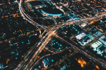 Aerial view of a massive highway in Los Angeles, CA at night