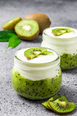 Kiwi yogurt dessert in glass jars on concrete background. Selective focus, copy space. 