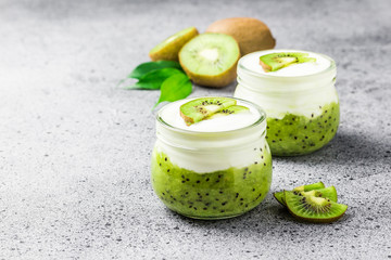 Kiwi yogurt parfait in glass jars on concrete background. Selective focus, copy space. 