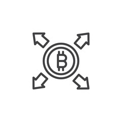 Bitcoin with all direction arrows outline icon. linear style sign for mobile concept and web design. Cryptocurrency money spread simple line vector icon. Symbol, logo illustration