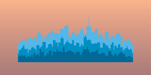 Blue silhouettes of buildings. Vector illustration of modern city residential area. Decorative horizontal contour town landscape