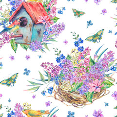 Watercolor seamless pattern with birdhouse and birds