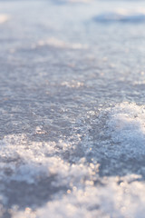 Snow on the frozen river, winter time