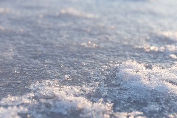 Snow on the frozen river, winter time