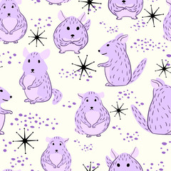 Seamless pattern with cartoon doodle chinchillas.