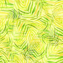 Seamless watercolor background from green, yellow tropical leaves, palm leaf, floral pattern.  Bright Rapport for Paper, Textile, Wallpaper, design. Tropical leaves watercolor. Autumn leaves
