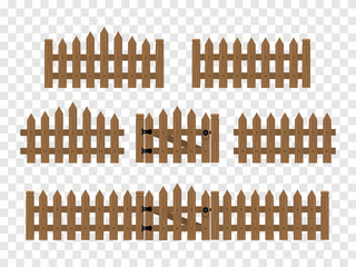 Wooden fences and gates isolated in flat style. Vector