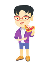 Cheerful asian boy eating tasty pizza. Full length of little boy holding a piece of pizza in hand and stroking his belly. Vector sketch cartoon illustration isolated on white background
