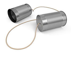 Two linked tin cans communication concept.