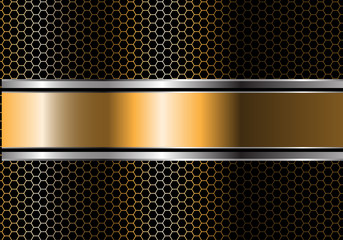 Abstract gold silver black line banner overlap on metal hexagon mesh design modern luxury futuristic background vector illustration.