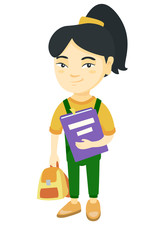 Asian pupil with backpack and tutorial. Full length of smiling happy pupil holding textbook and backpack in hands. Vector sketch cartoon illustration isolated on white background.