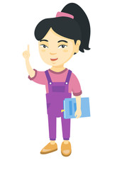 Asian schoolgirl holding textbook and pointing his forefinger up. Smiling schoolgirl pointing forefinger up. Vector sketch cartoon illustration isolated on white background.