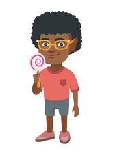 Little african-american boy holding a lollipop candy. Full length of young boy eating a lollipop candy. Vector sketch cartoon illustration isolated on white background.