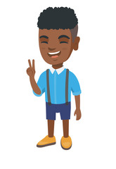African-american boy showing victory gesture. Little boy showing victory sign with two fingers. Vector sketch cartoon illustration isolated on white background.