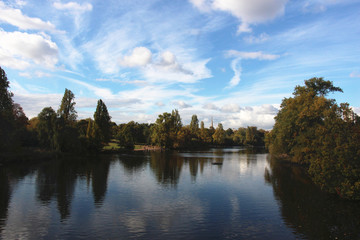 landscape Hyde Park London trees water reflections sky clouds 