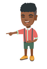 African-american boy bullying someone and pointing finger. Little laughing boy mocking and pointing his forefinger at something. Vector sketch cartoon illustration isolated on white background.