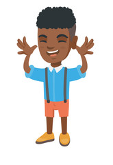 Funny african-american boy making a grimace and playing with his hands. Happy little boy teasing with hands. Vector sketch cartoon illustration isolated on white background.