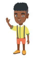 African-american little boy waving his hand. Cheerful boy making greeting gesture - waving hand. Vector sketch cartoon illustration isolated on white background.