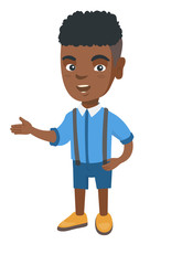 African-american little happy boy gesturing. Full length of cheerful boy gesturing with his hands. Boy laughing and gesturing. Vector sketch cartoon illustration isolated on white background.