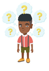 African-american thinking boy with question marks. Thoughtful little boy standing under question marks above his head. Vector sketch cartoon illustration isolated on white background.