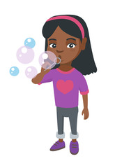 Little african-american girl blowing soap bubbles. Girl making soap bubbles. Girl playing with soap bubbles. Vector sketch cartoon illustration isolated on white background.