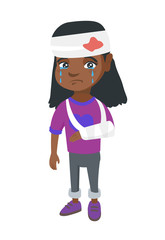 African-american injured girl with broken arm and bandaged head. Crying little girl having head and arm injury. Vector sketch cartoon illustration isolated on white background.