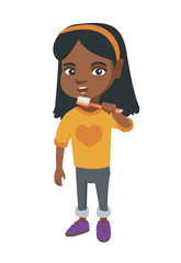 African-american little girl brushing her teeth. Happy girl cleaning her teeth. Cheerful girl holding toothbrush in hand. Vector sketch cartoon illustration isolated on white background.
