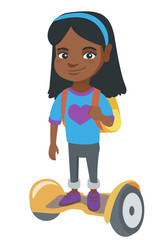 Joyful african schoolgirl riding on self-balancing electric scooter. Happy schoolgirl with backpack riding on gyroscooter to school. Vector sketch cartoon illustration isolated on white background.