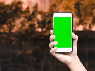hand of smart man holding mobile smart phone with chroma key green screen on autumn nature background, new technology concept with copy space